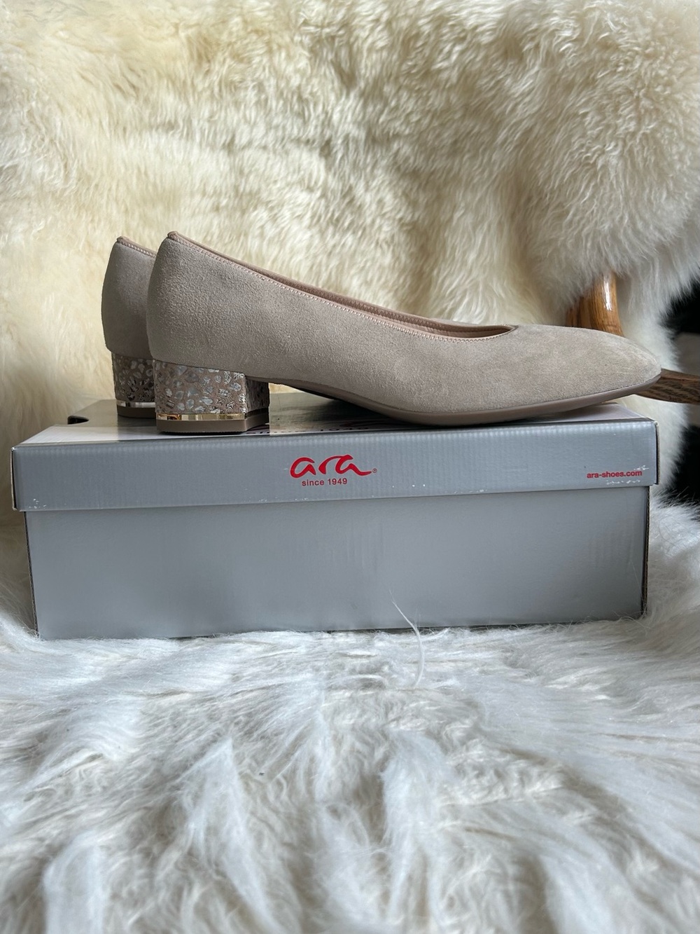 ARA Taupe Suede Pumps with Decorative Metallic Block Heel